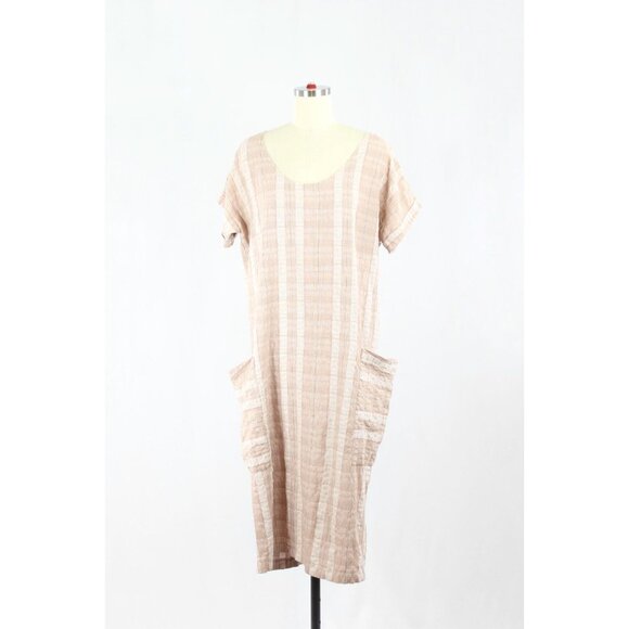 MEG Lazy Pink Red Plaid Check Cotton Seersucker Straight Midi Dress, Size M - Picture 1 of 15